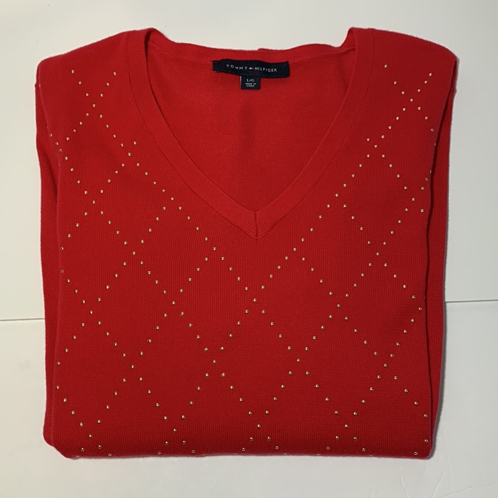 Tommy Hilfiger V Neck Pullover Sweater Red Gold Studs Women’s L Embellished